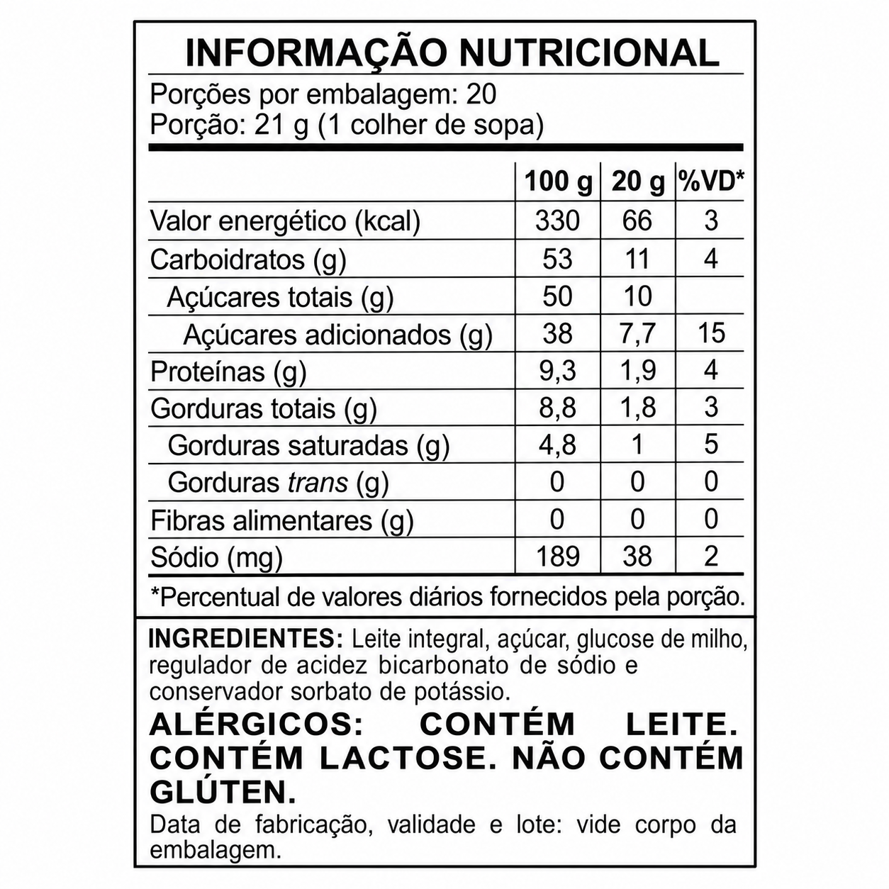 Tabela nutricional do Doce de Leite Premium A2 Artesanal Tacho da Quinta